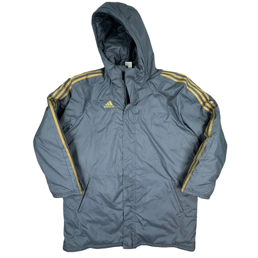 Adidas Men's Hooded Puffer Parka Jacket Gray Gold Three Stripe Size XL Winter